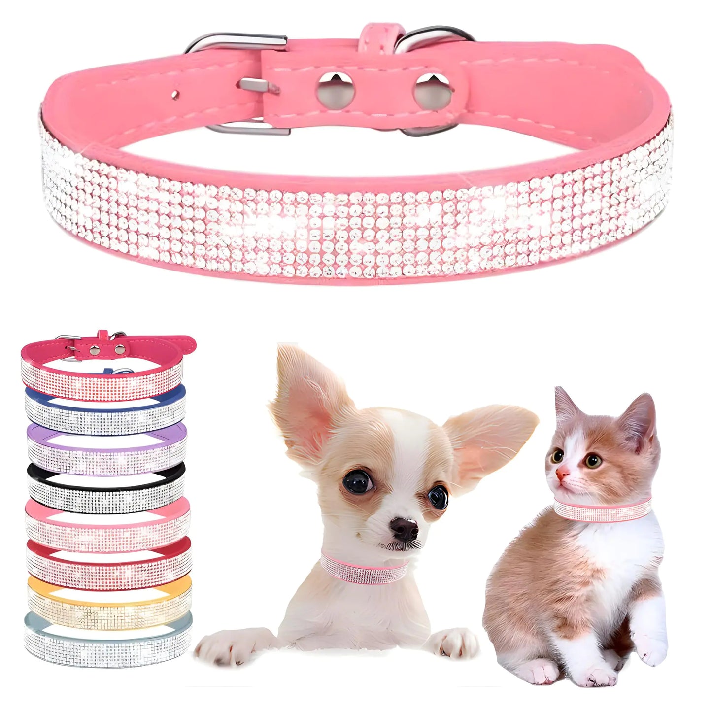 Sparkly Rhinestone Pet Collar – Adjustable Bling for Cats & Small Dogs (Pink M)